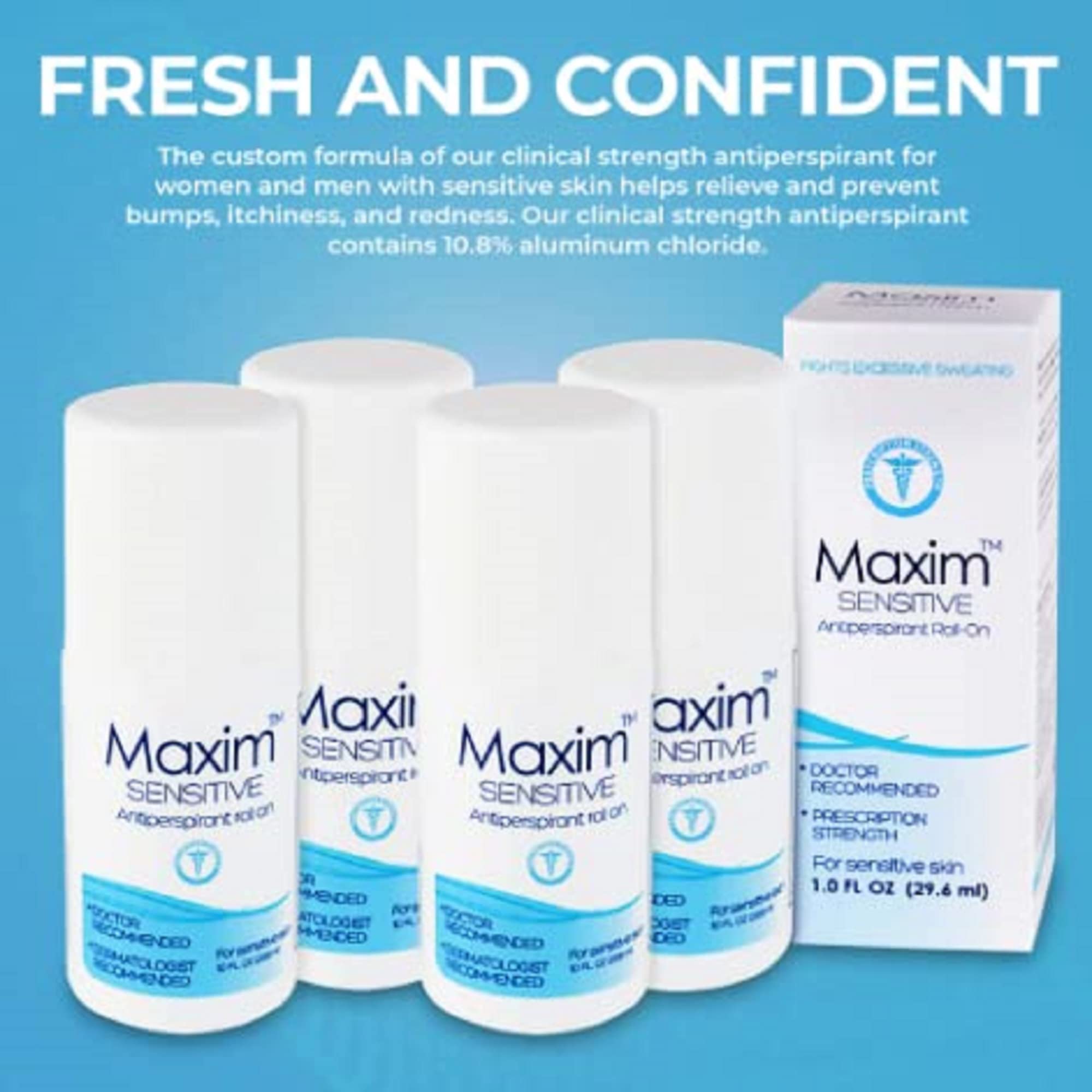 MAXIM Sensitive roll-on label close-up shows clinical-strength formula for sweat control.
