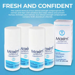 MAXIM Sensitive roll-on label close-up shows clinical-strength formula for sweat control.