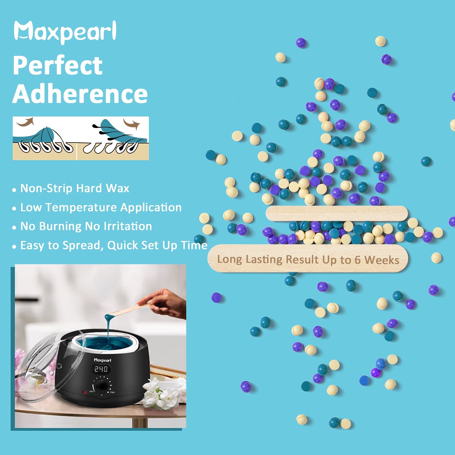 Maxpearl fast melt wax capability heats beads in minutes for quick sessions.