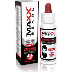 Maxx Beard bottle being poured, highlighting convenient nightly application for fuller beard.