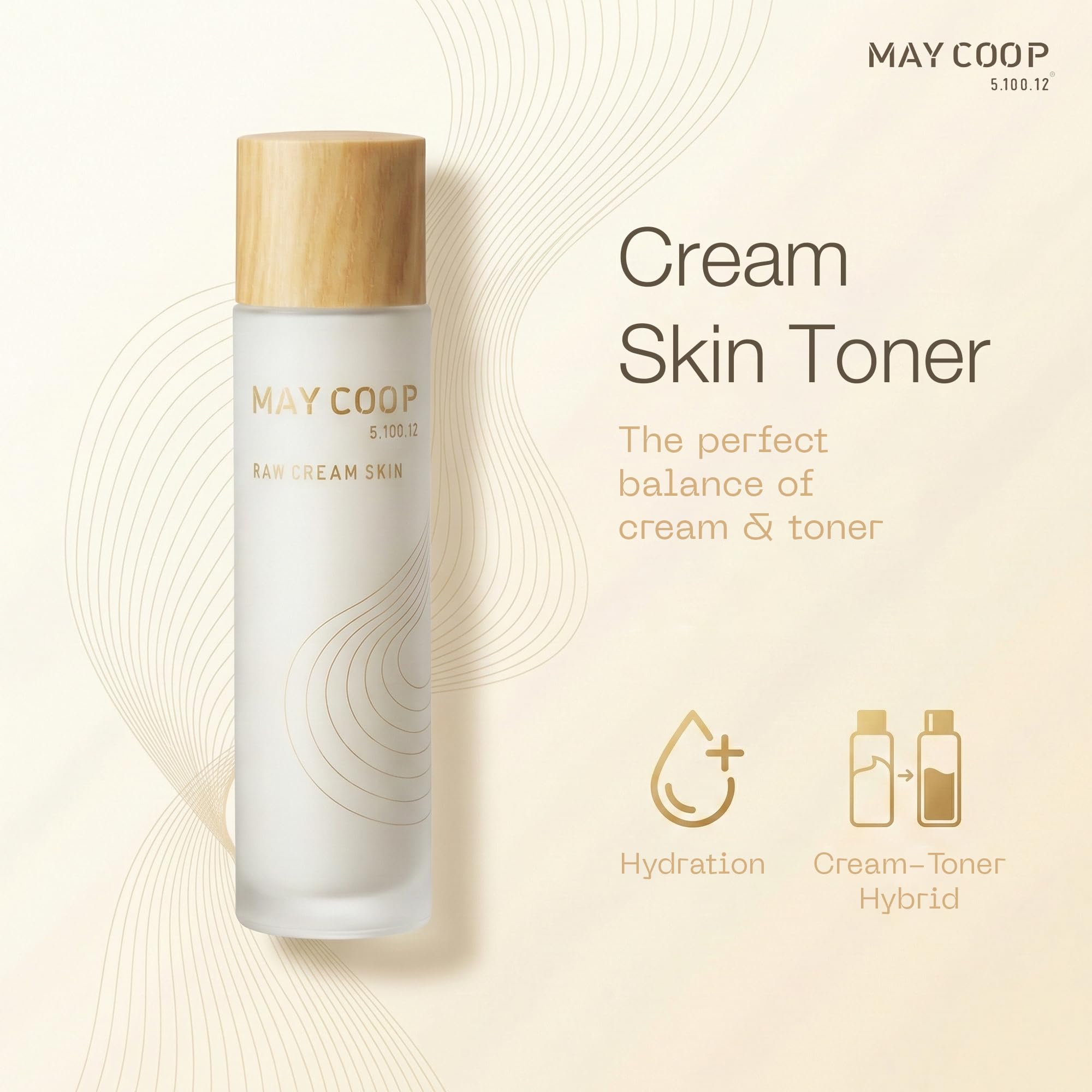 May COOP Cream Skin Toner pour-action shot showing fast-absorbing hydration.