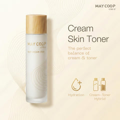 May COOP Cream Skin Toner pour-action shot showing fast-absorbing hydration.