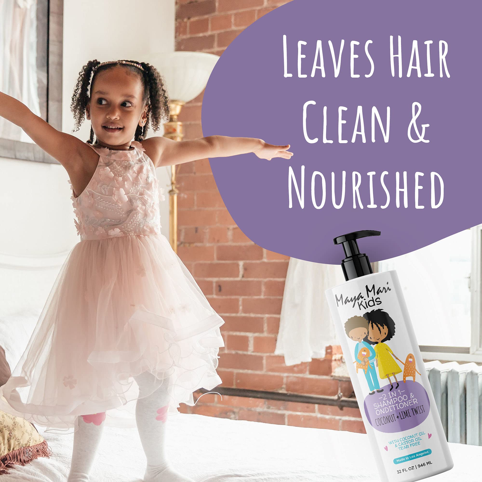 MAYA MARI Kids after-bath hair care shows soft, manageable curls