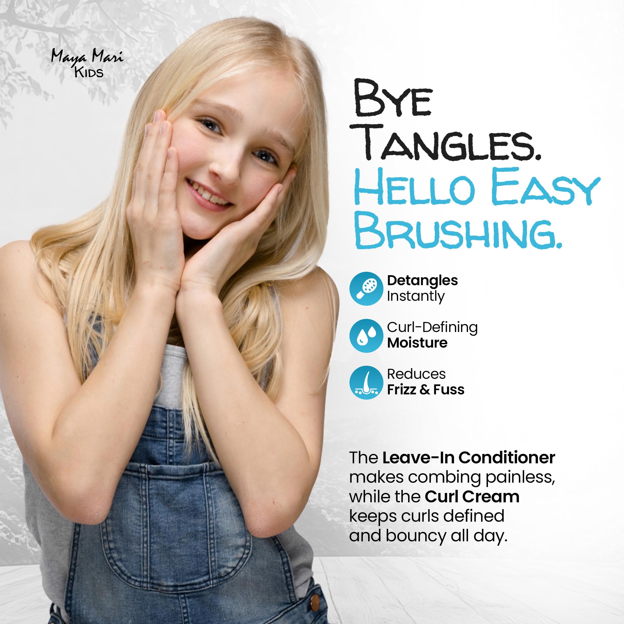 MAYA MARI leave-in conditioner bottle supports tangle-free brushing