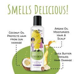 MAYA MARI leave-in conditioner label close-up showing gentle formula.