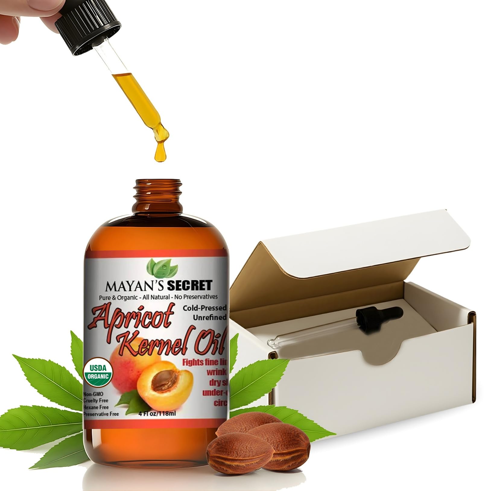 Mayan's Secret apricot oil bottle with dropper in amber glass for daily hydration.