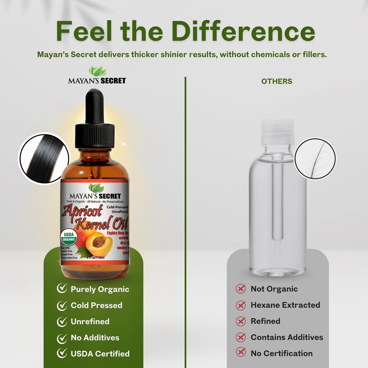 Mayan's Secret organic apricot oil ingredient label and certifications.