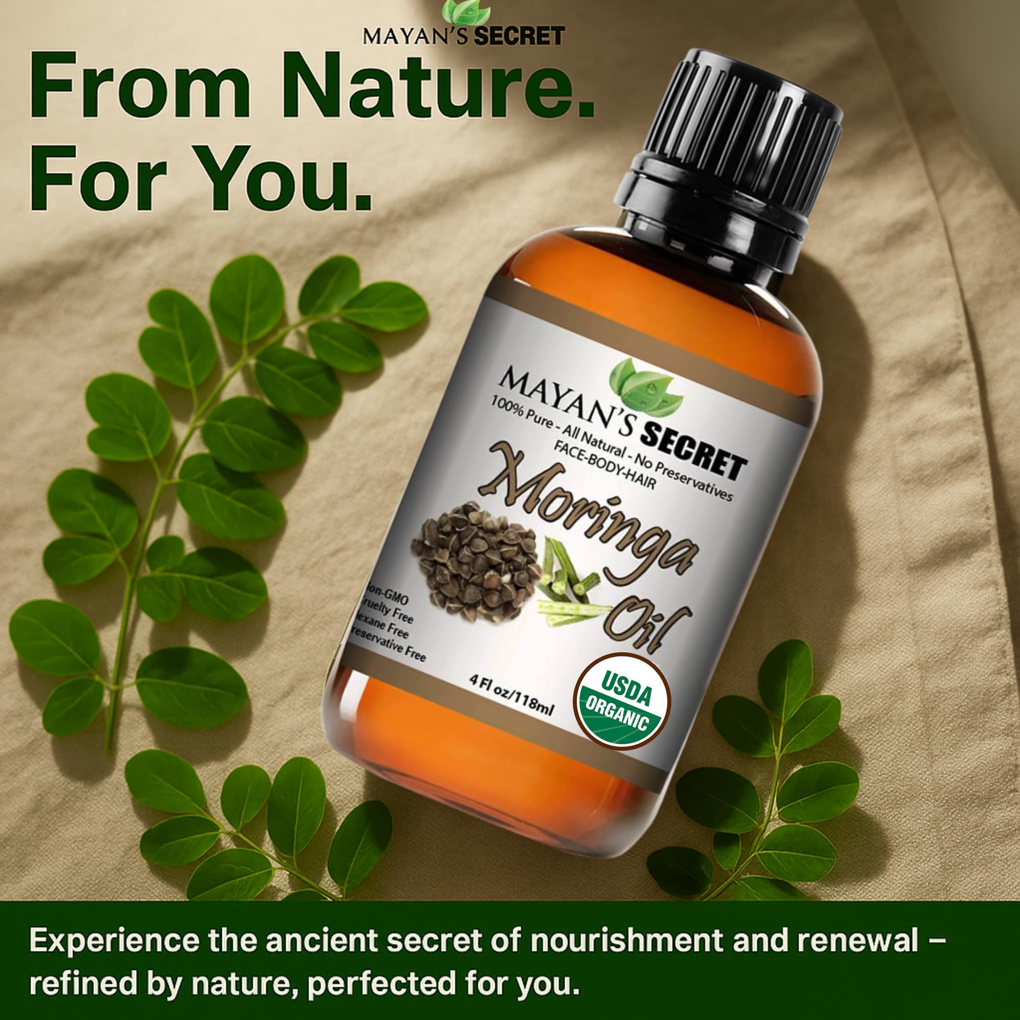 Mayan's Secret Moringa Energy Oil used on hair for lightweight shine