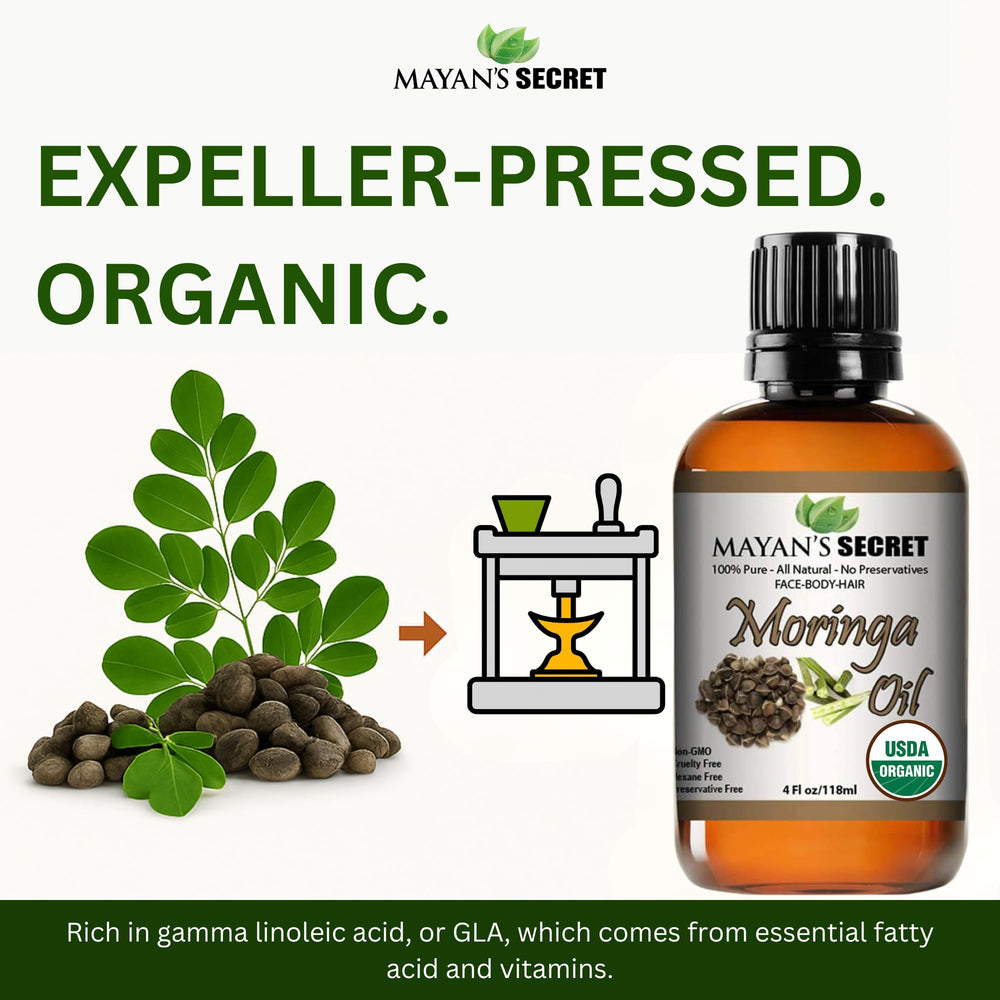 Mayan's Secret Moringa Energy Oil ingredients panel highlights pure moringa