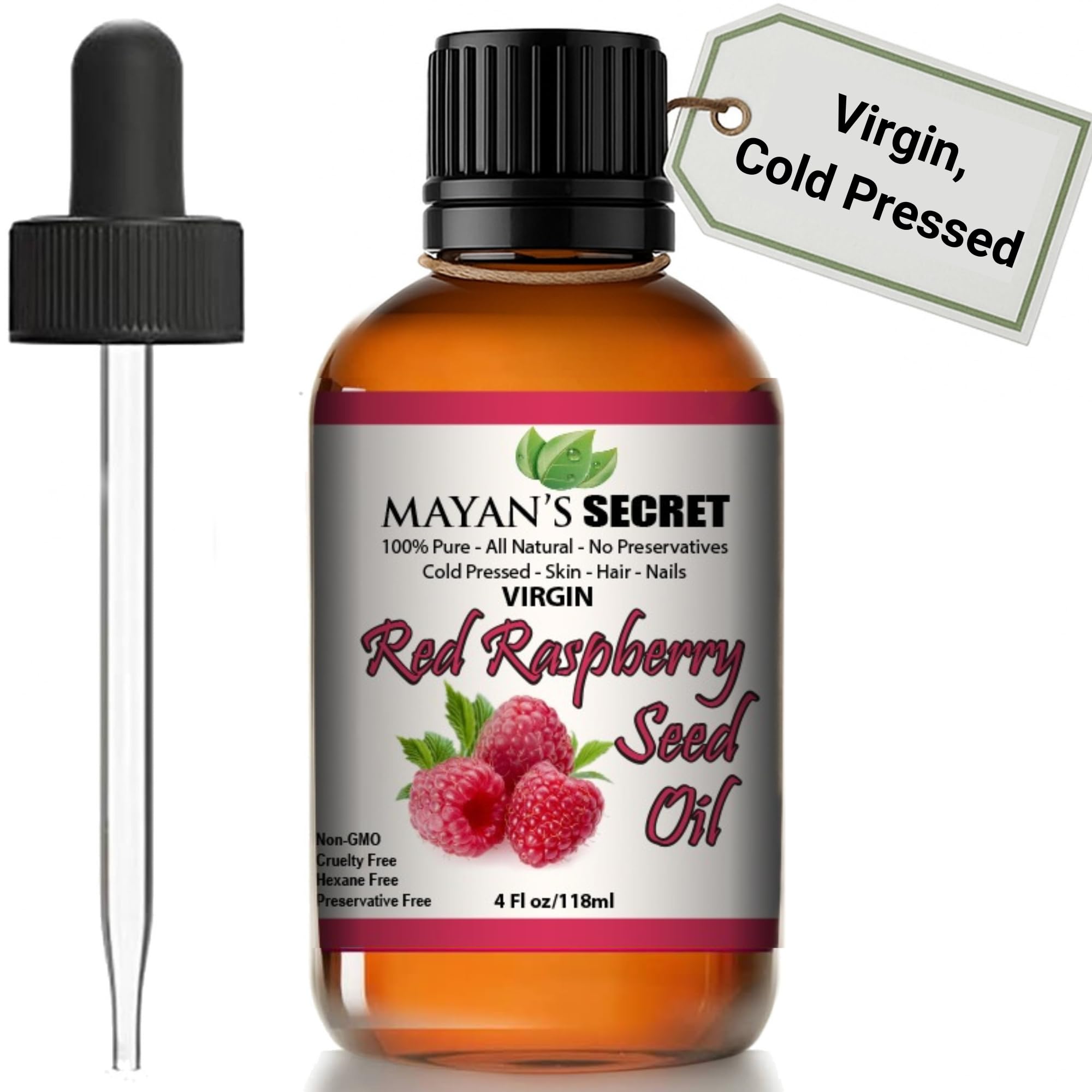 Mayan's Secret Red Raspberry Seed Oil bottle pour demonstrates quick-absorption hydration