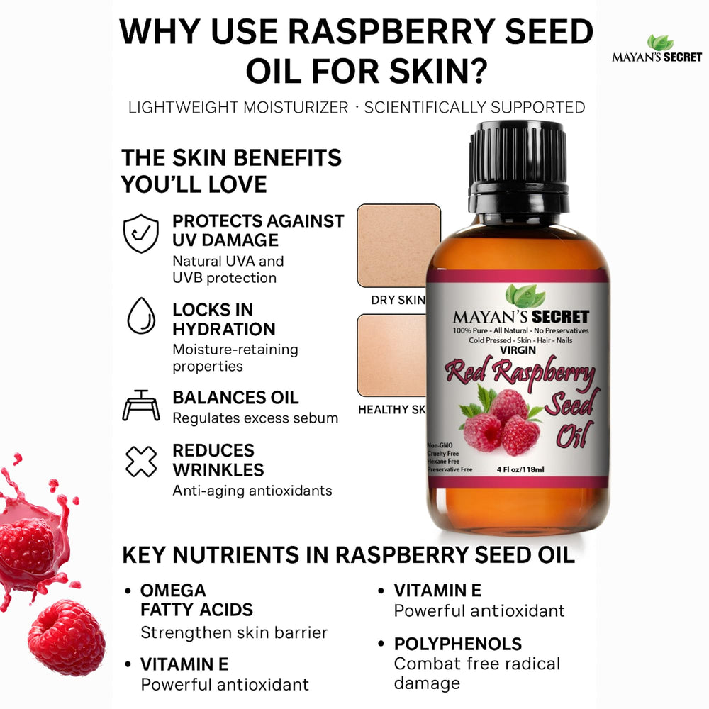 Mayan's Secret Red Raspberry Seed Oil label close-up emphasizes 100 percent pure plant oil