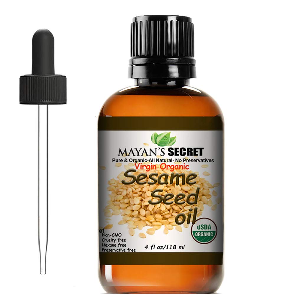 Mayan's Secret sesame oil in amber bottle with dropper for precise skincare application.