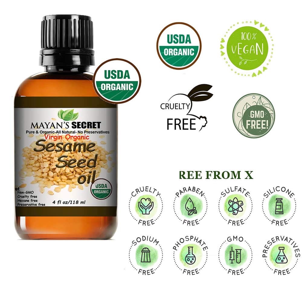 Mayan's Secret sesame oil close-up bottle highlighting purity and quick-absorb hydration.