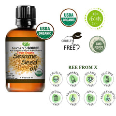 Mayan's Secret sesame oil close-up bottle highlighting purity and quick-absorb hydration.