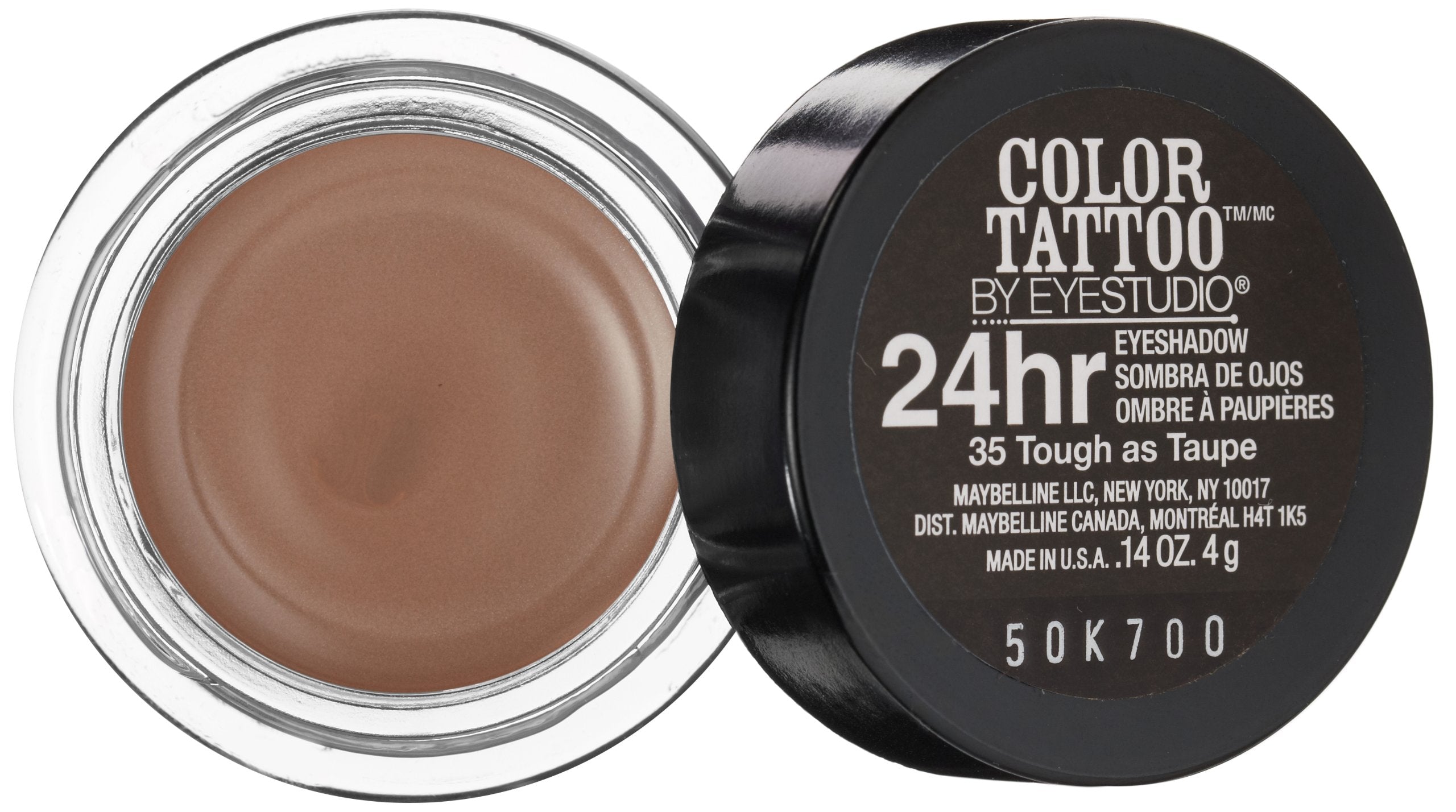 Maybelline 24 Hour Eyeshadow Tough as Taupe brush-stroke close-up demonstrates crease-resistant color