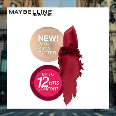 Maybelline pink shade close-up showing smooth matte color on lips