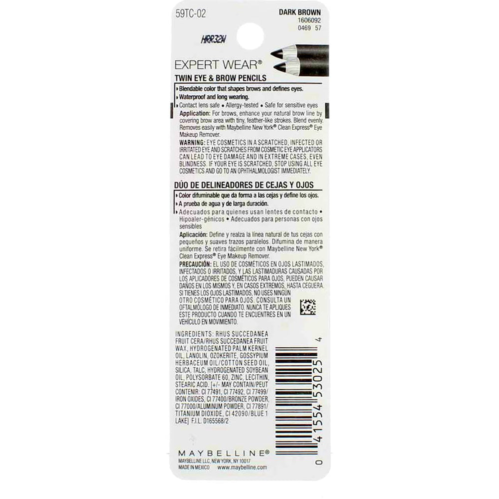 Product packaging and front label for Maybelline Expert Wear pencils.