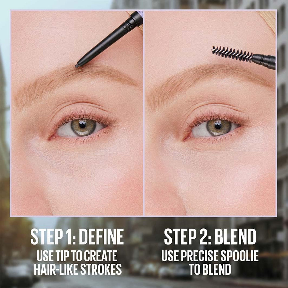 Auburn shade swatch on brows for natural definition.