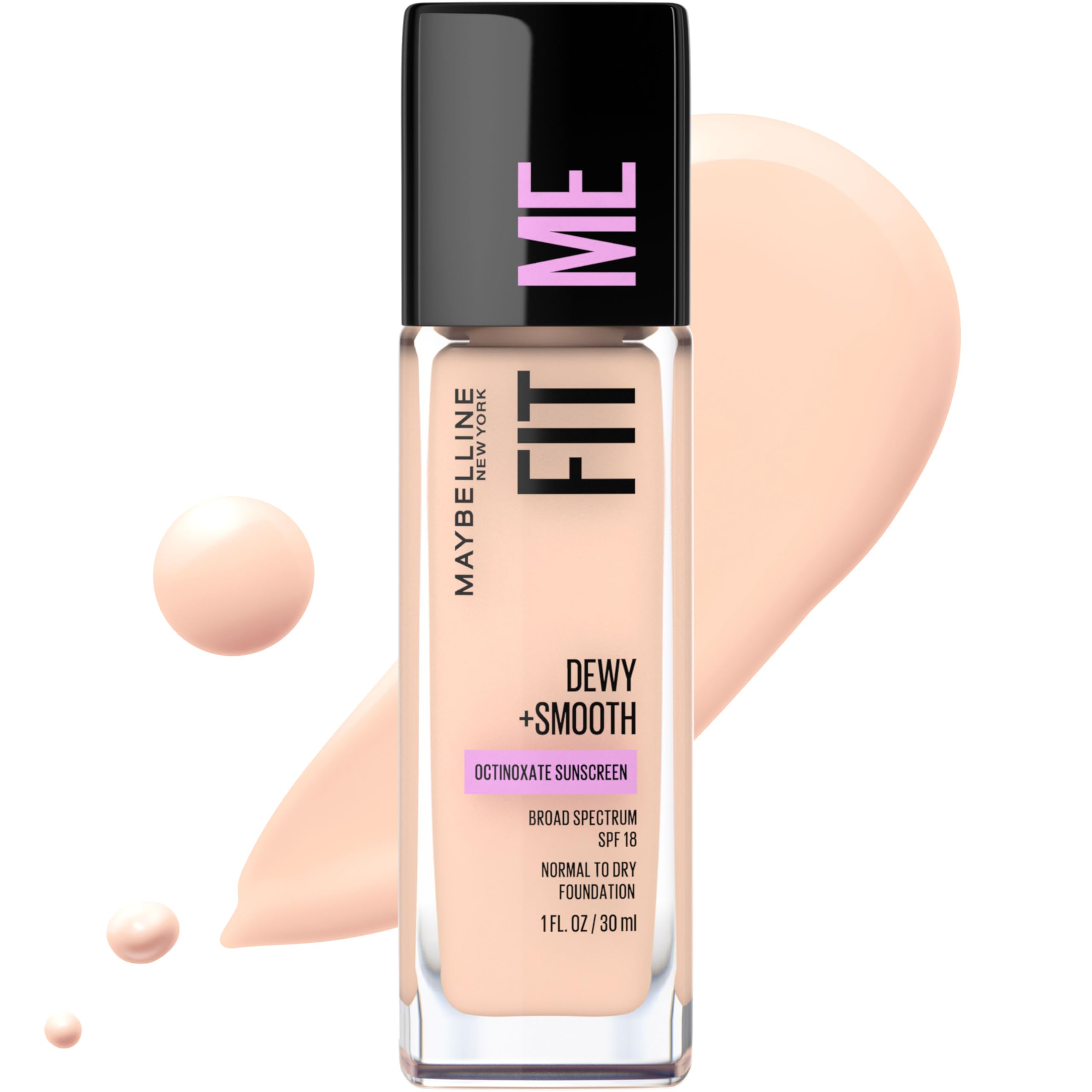 Maybelline Fit Me bottle close-up showing dewy, hydrated finish