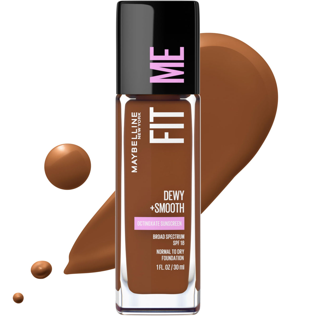 Maybelline Fit Me Dewy bottle showcases shade options for a natural glow.