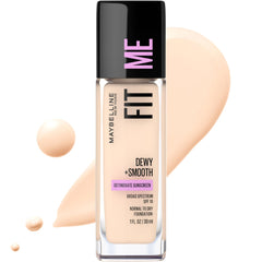Maybelline Fit Me foundation bottle close-up showing dewy hydration and SPF 18 protection.