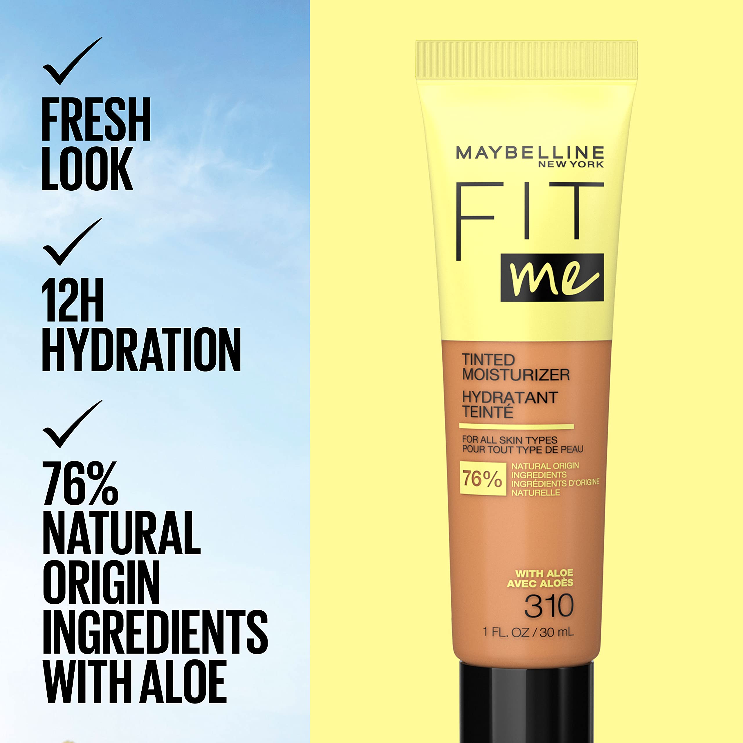 Maybelline Fit Me tinted moisturizer demonstrates 12-hour hydration with shine-free skin.