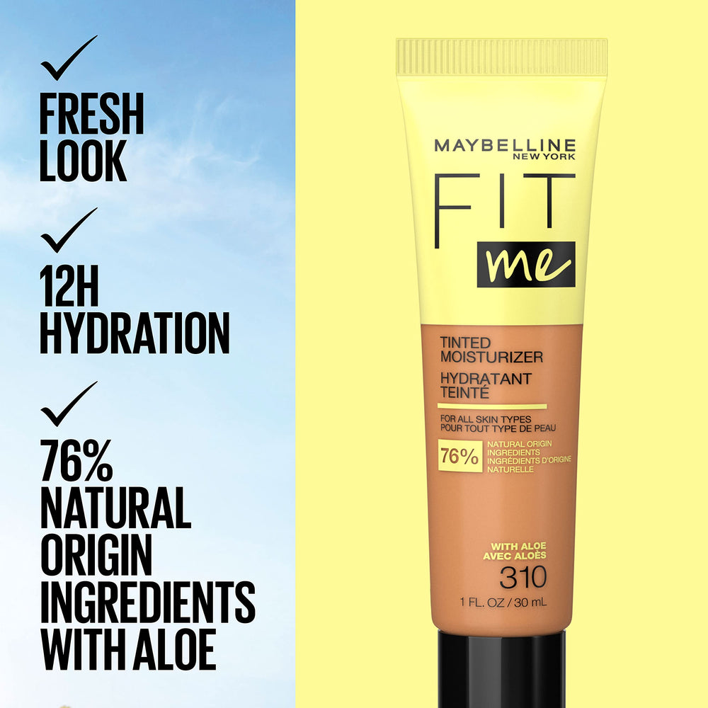 Maybelline Fit Me tinted moisturizer demonstrates 12-hour hydration with shine-free skin.