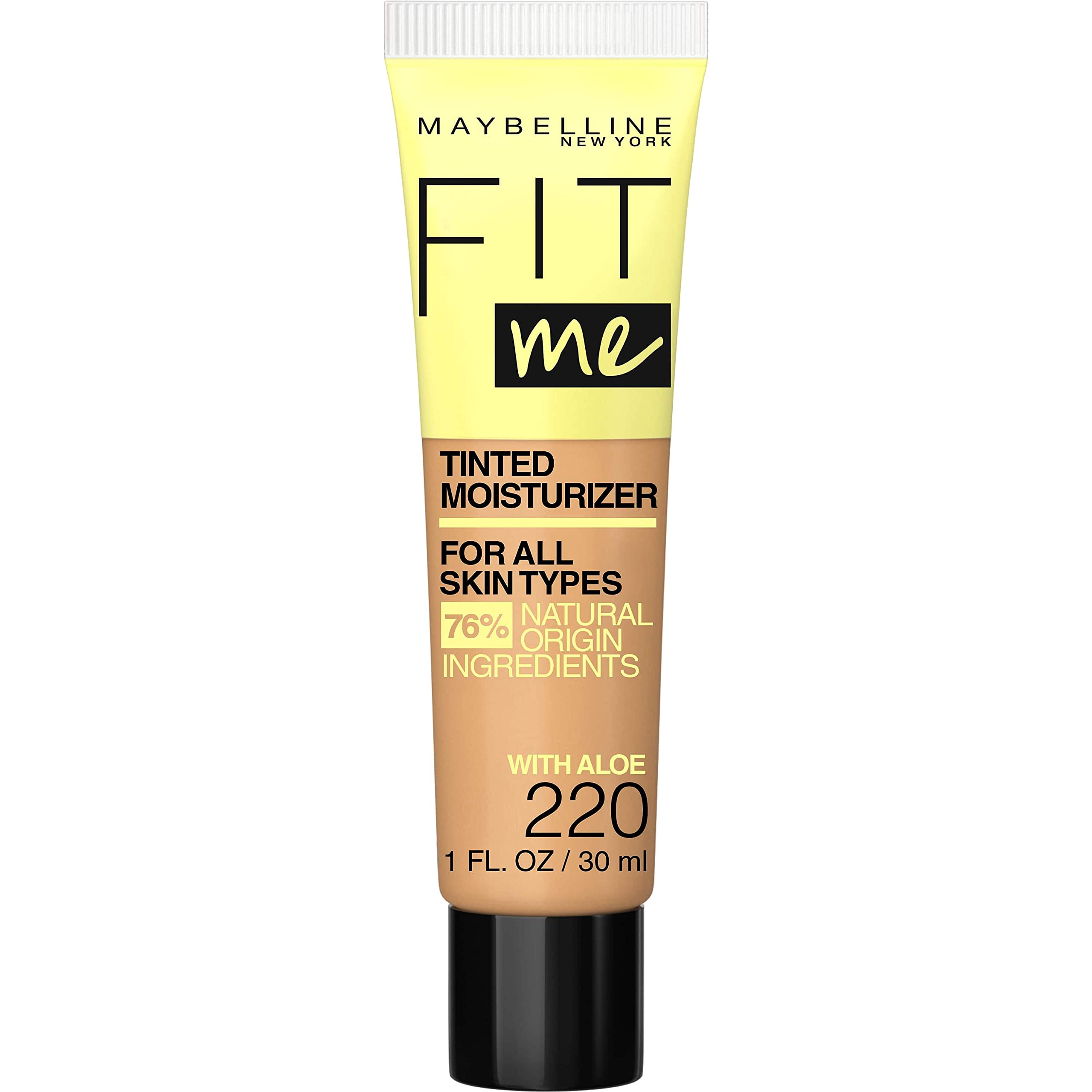 Maybelline Fit Me tinted moisturizer bottle front showing natural finish and breathable feel.