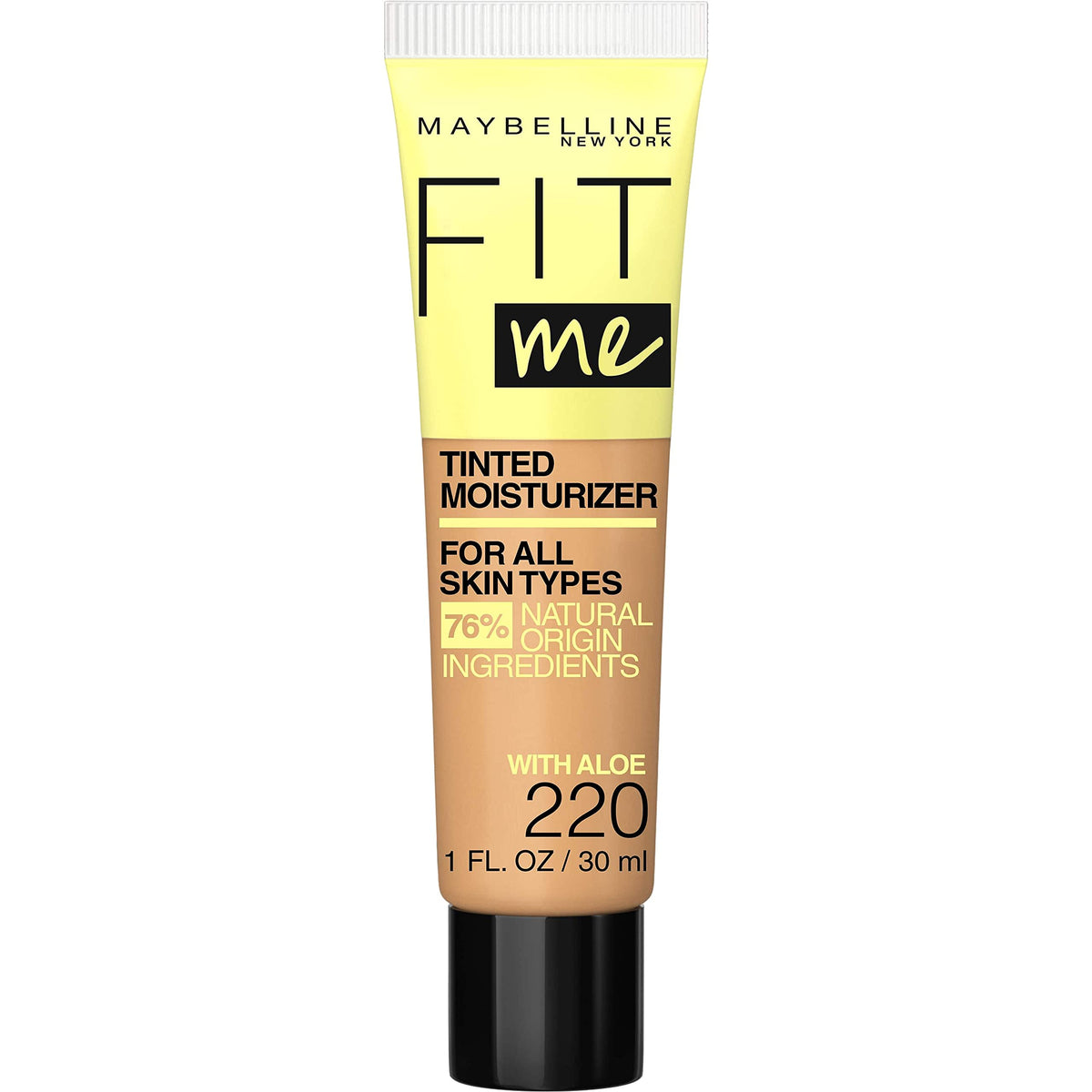 Maybelline Fit Me tinted moisturizer bottle front showing natural finish and breathable feel.