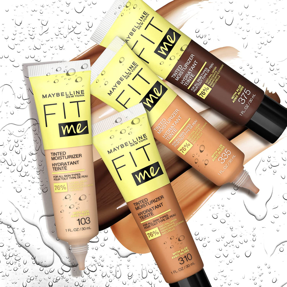 Packaging and 14-shade range of Maybelline Fit Me tinted moisturizer displayed.