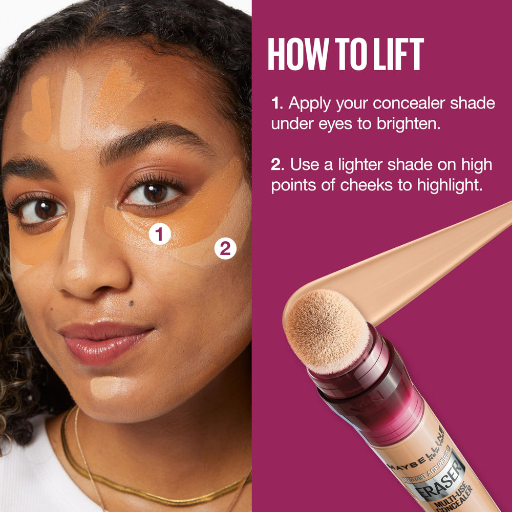 Maybelline Instant Age Rewind concealer used for contouring and highlighting in a makeup routine.