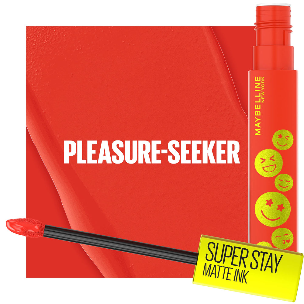 Maybelline Moodmakers Pleasure Seeker red swatch shows mood-inspired shade.
