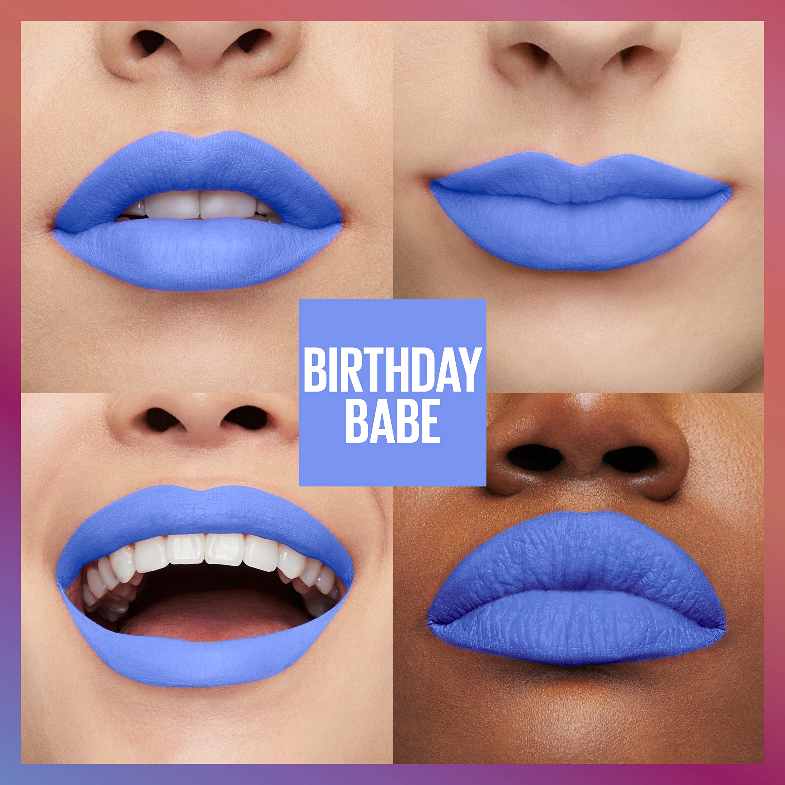 Maybelline SuperStay Matte Ink Birthday Babe bottle close-up highlights rich, durable color.