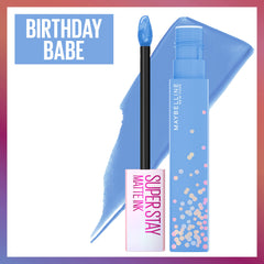 Maybelline SuperStay Matte Ink Birthday Babe lip swatch shows bold pigment and long wear.