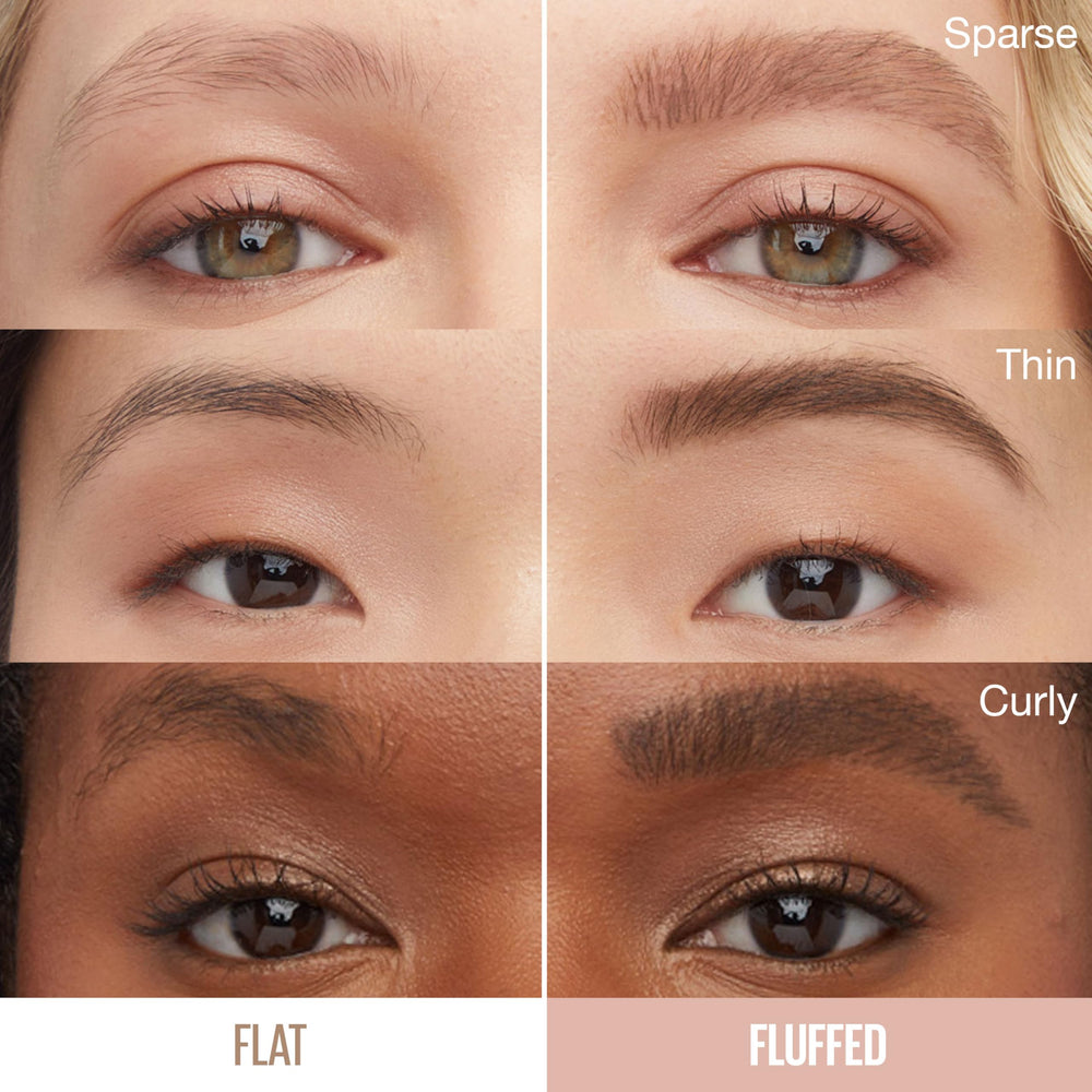Maybelline Superfluff Brow Mousse diffuses airy formula for fuller brows.