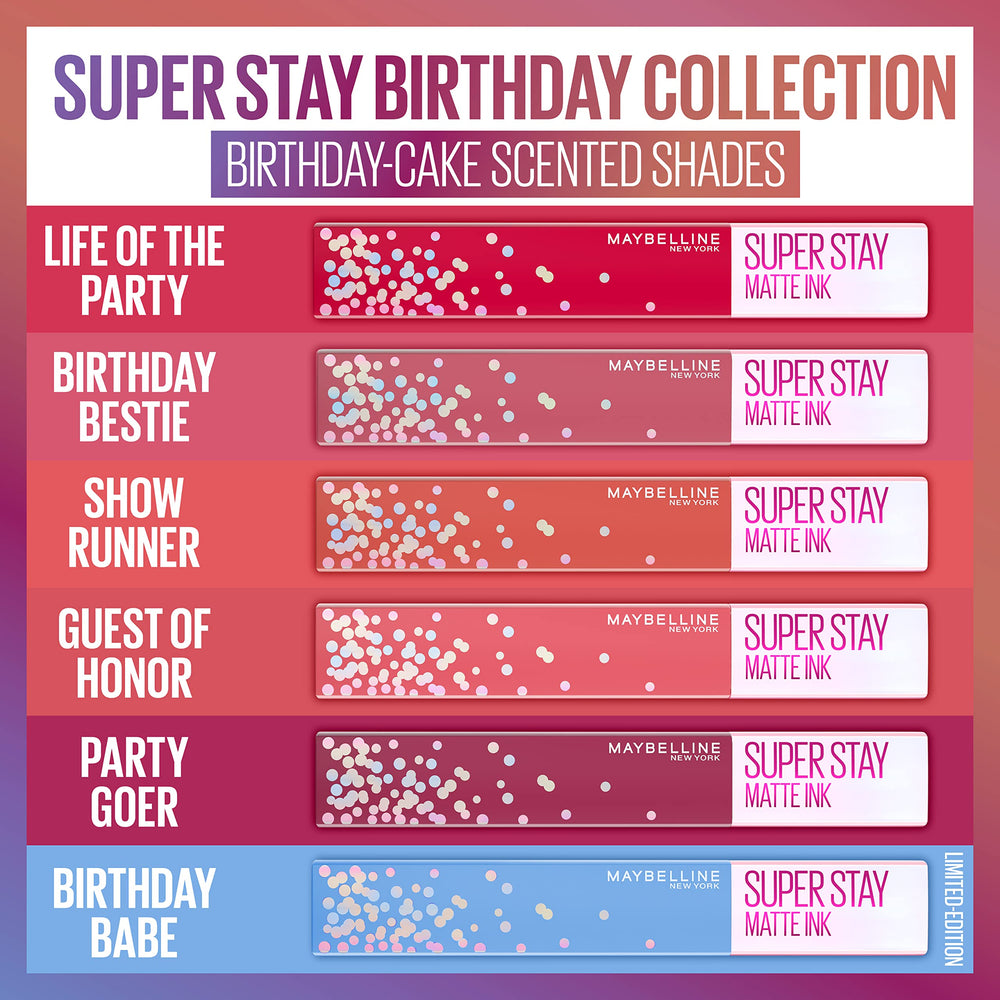 Maybelline Super Stay Matte Ink birthday-scented lipstick with festive aroma.