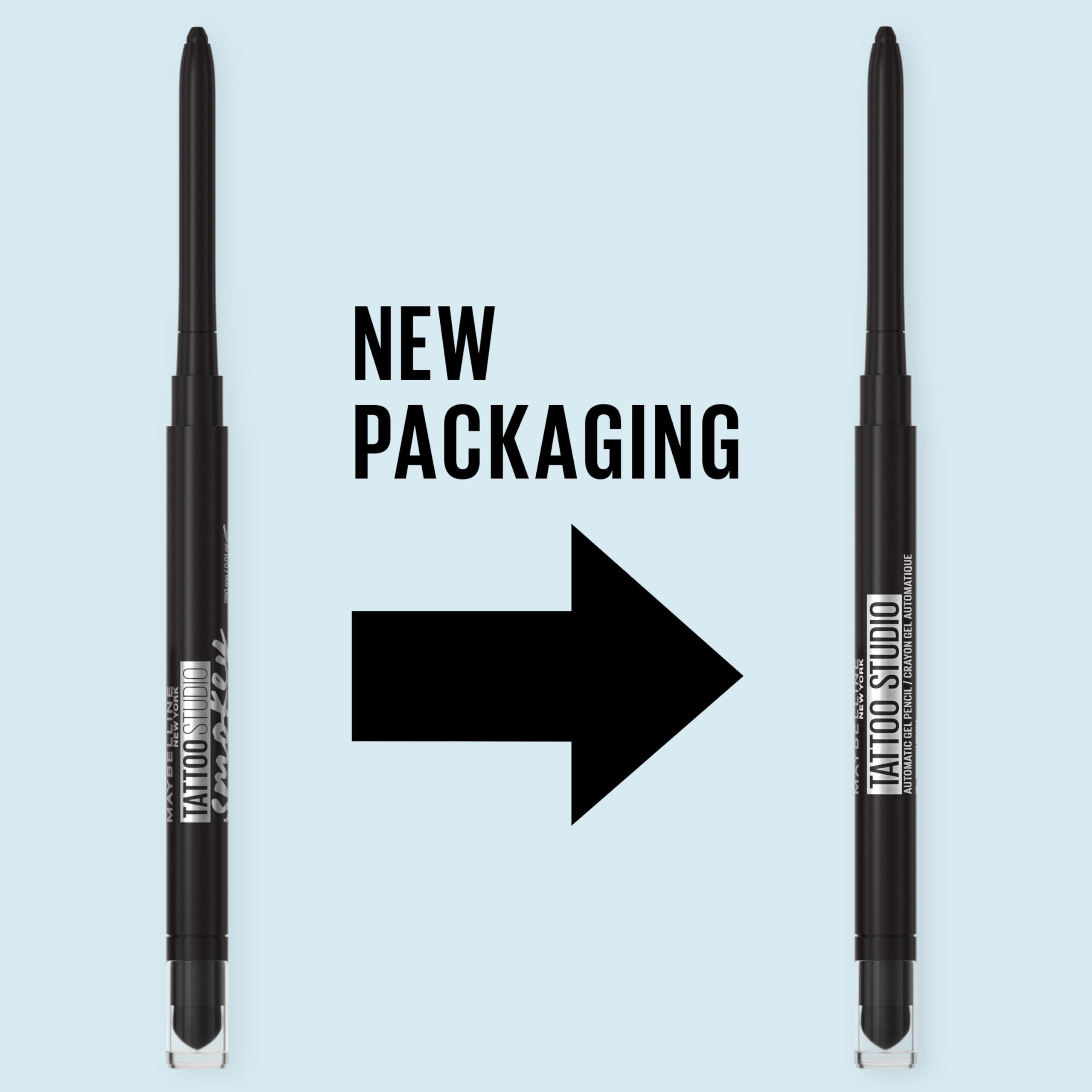 Packaging and cap of Maybelline Tattoo Studio pencil highlight durable design.