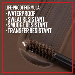 Maybelline Tattoo Studio Brow Styling Gel in Black Brown on brows for defined look during workouts.