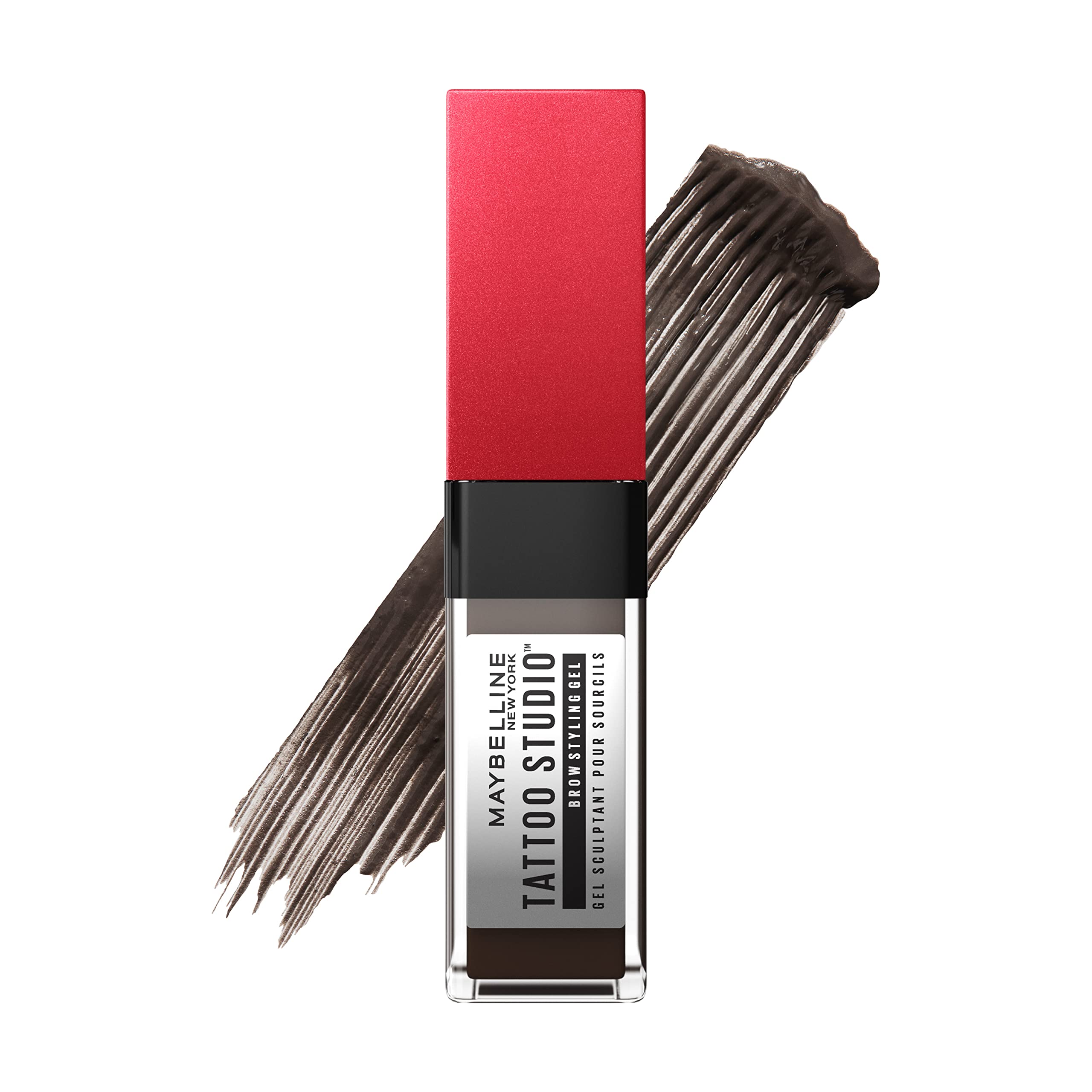 Maybelline Tattoo Studio Brow Styling Gel tube close-up for thick natural brows.