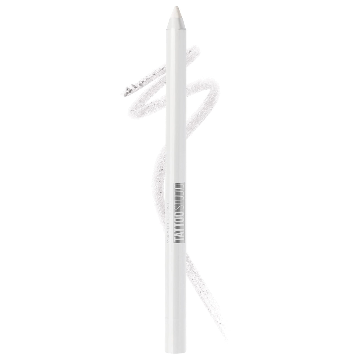 Maybelline TattooStudio polished white pencil close-up for bright-eyed definition.