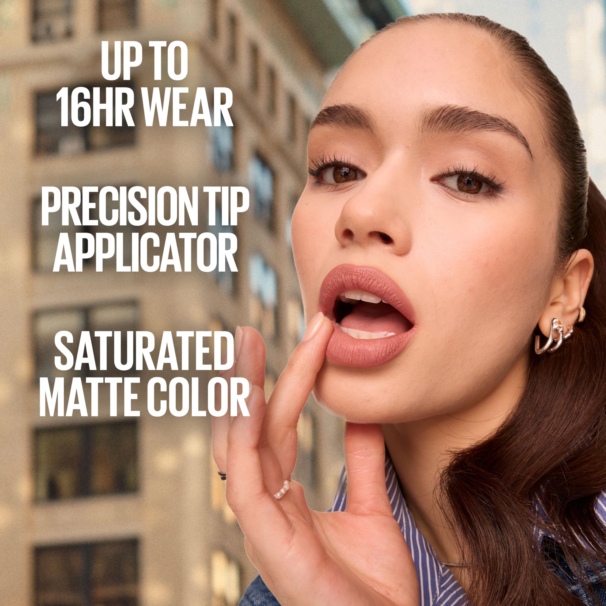 Close-up of Maybelline Thrill Seeker on lips highlighting deep matte black shade.