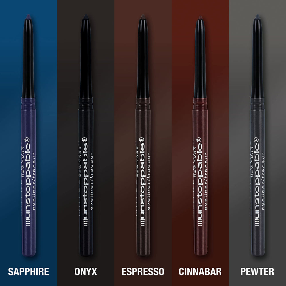 Maybelline Unstoppable cat-eye look with blue sapphire shade.