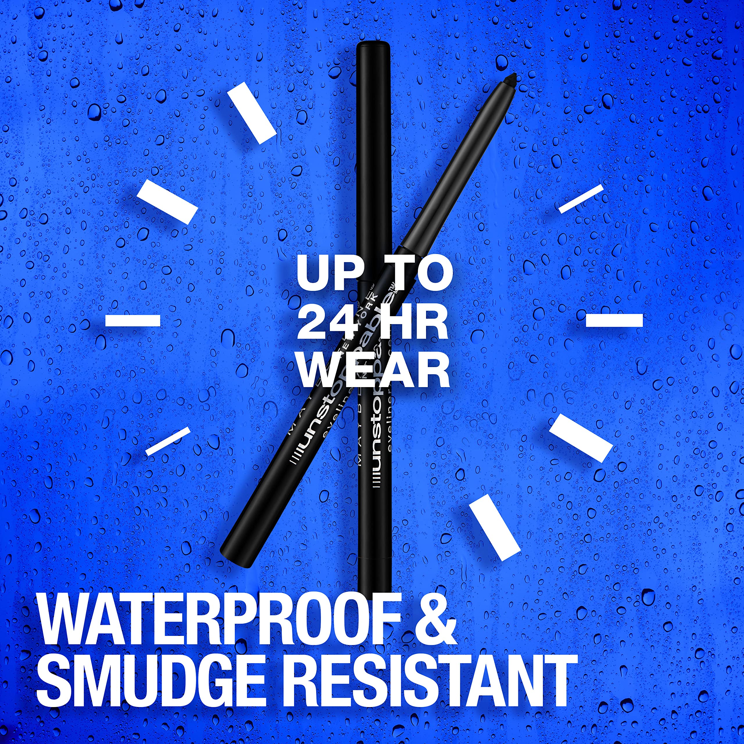 Maybelline Unstoppable blue eyeliner on eyelid for bold definition.