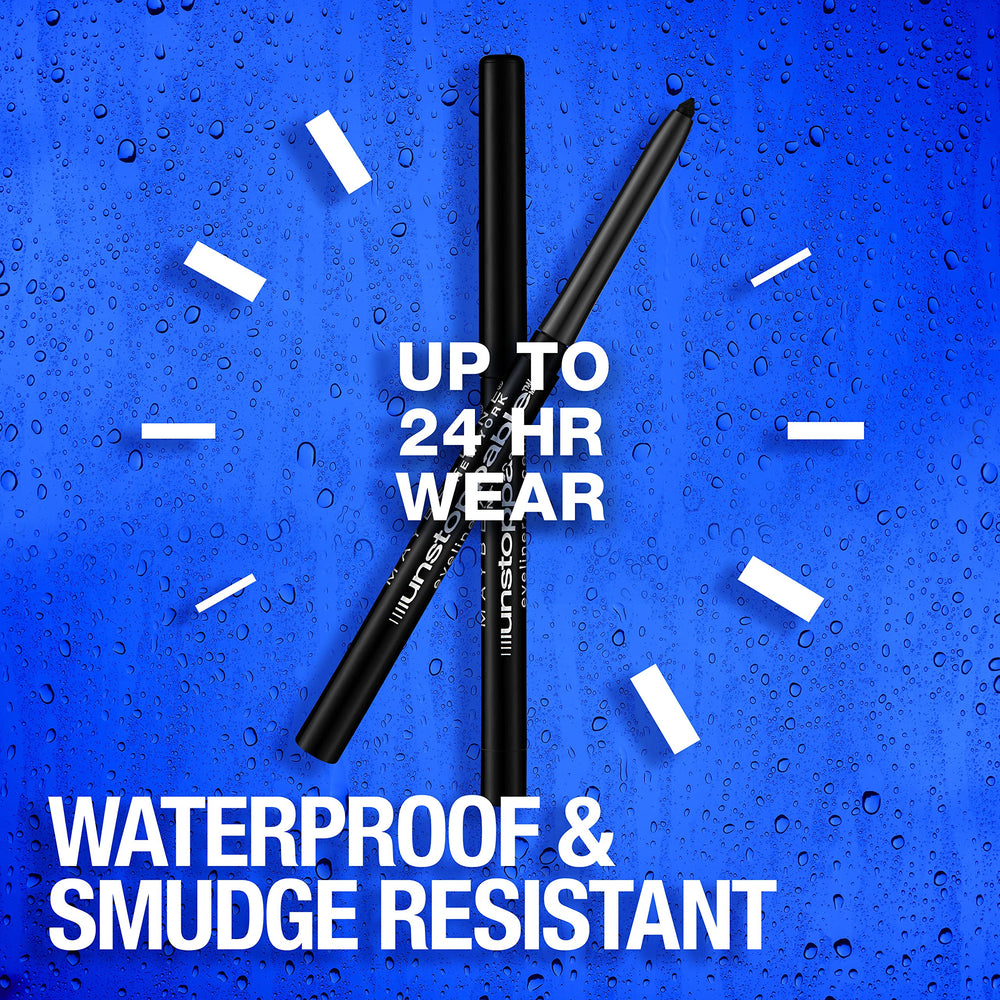 Maybelline Unstoppable blue eyeliner on eyelid for bold definition.