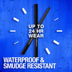 Maybelline Unstoppable blue eyeliner on eyelid for bold definition.