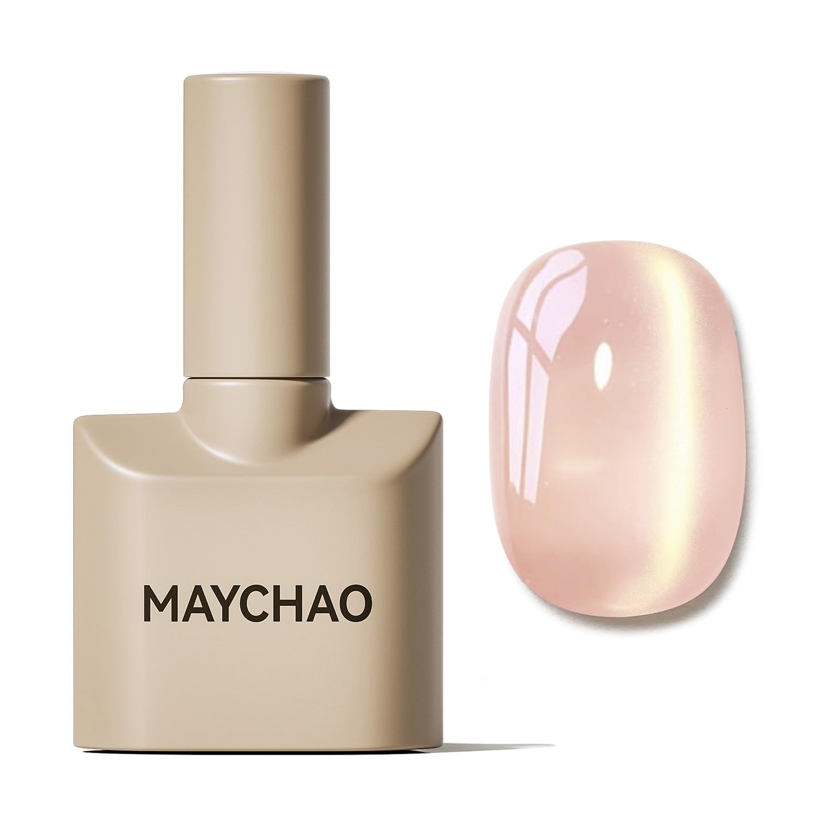 MAYCHAO ash blonde cat-eye gel polish bottle showing pink-gold shimmer for elegant nails