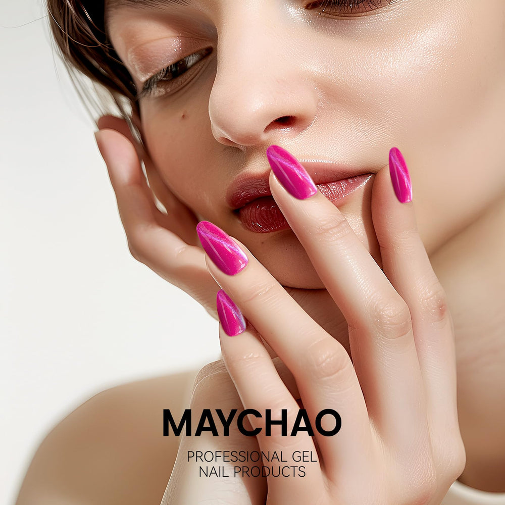 MAYCHAO at-home DIY manicure with pink cat-eye gel polish