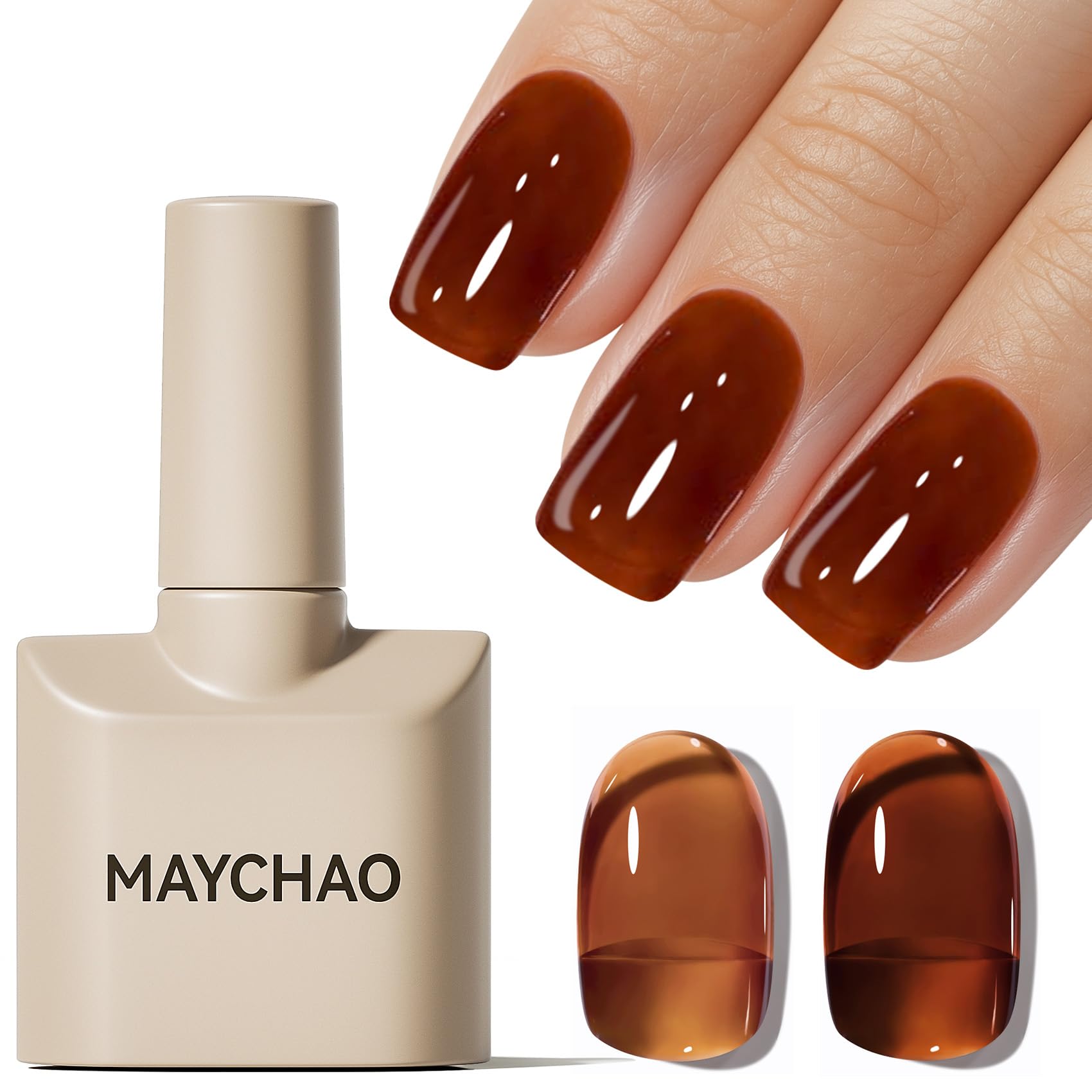MAYCHAO jelly gel swatch card displaying color depth and translucency
