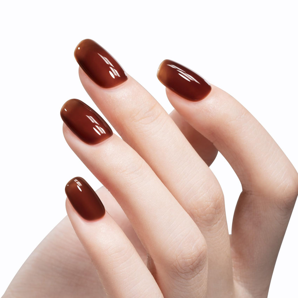 MAYCHAO jelly gel nail polish in translucent hot cocoa shows natural finish