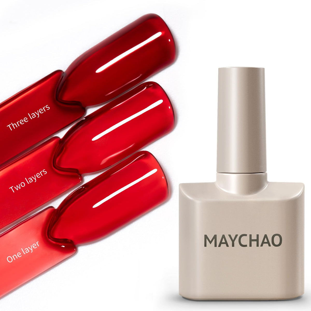 Maychao jelly red gel polish bottle close-up showing translucent color